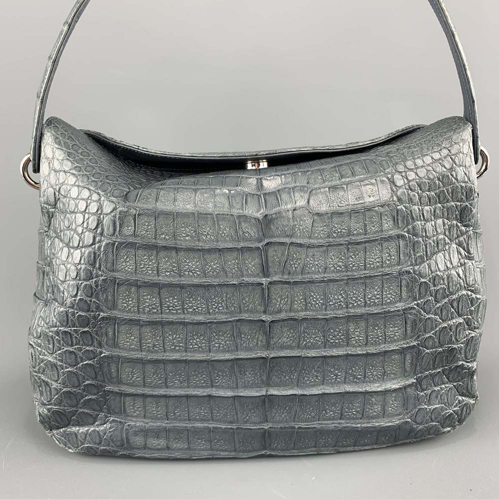 Muted Blue Grey Crocodile Skin Leather Top Handle Handbag - Picture 2 of 11